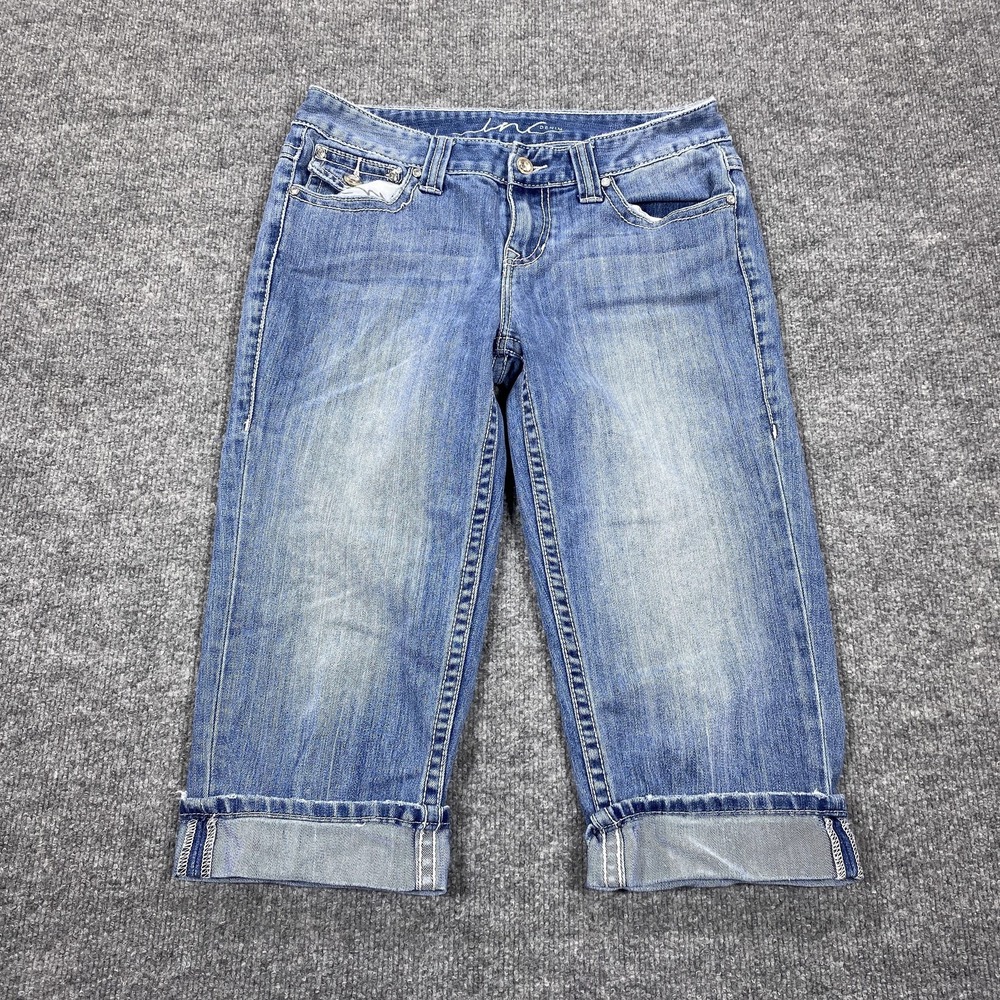 INC Denim Jeans Womens 4 Blue Capri Cuffed Rhinestone Stretch Light Wash